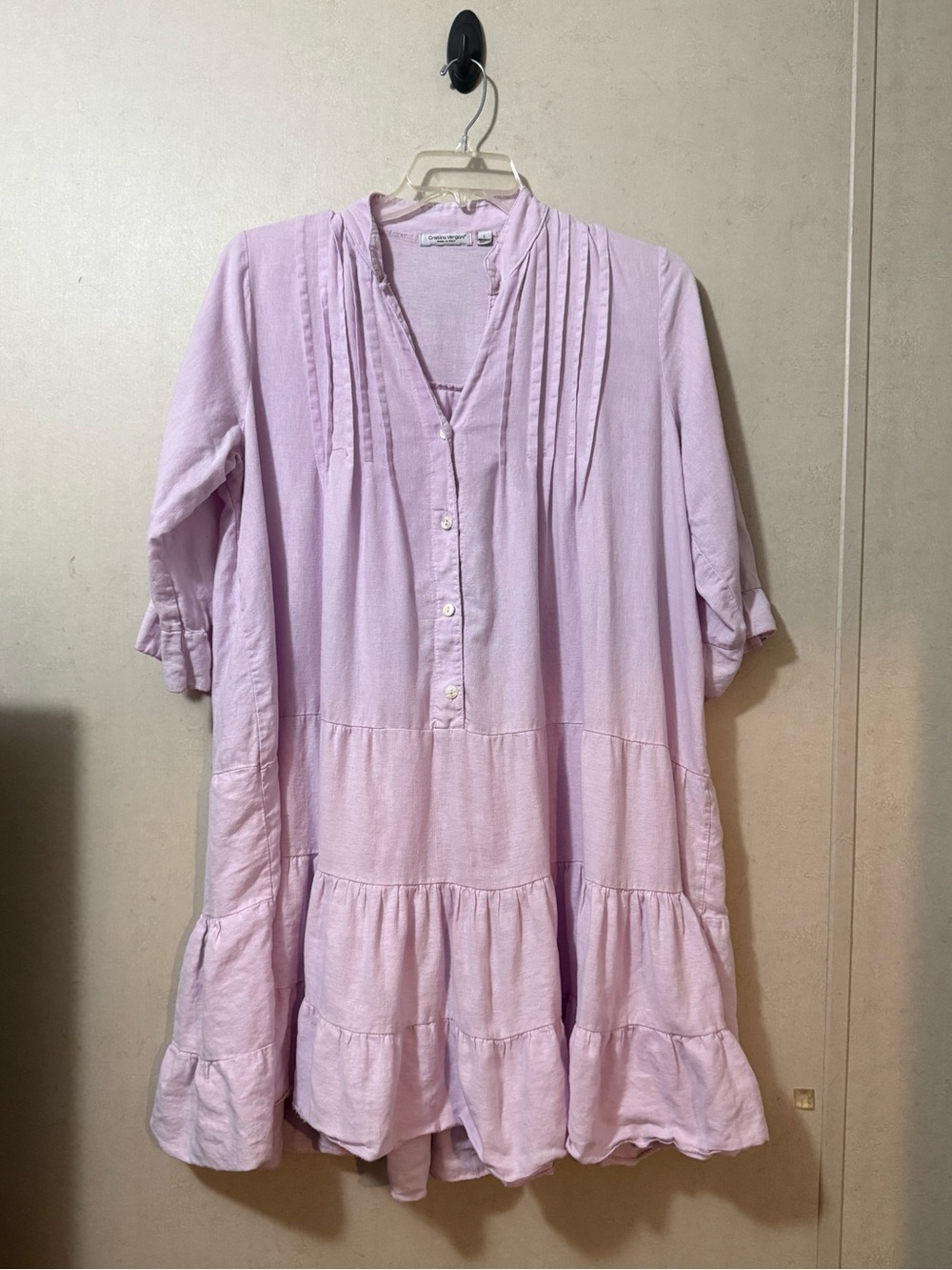 Cristina Vergani Lilac Linen Tiered Dress Size L Made in Italy Boho Baby Doll